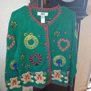 Vintage Segue Womens Bear-riffic Ugly Christmas Sweater Button Up Size Large